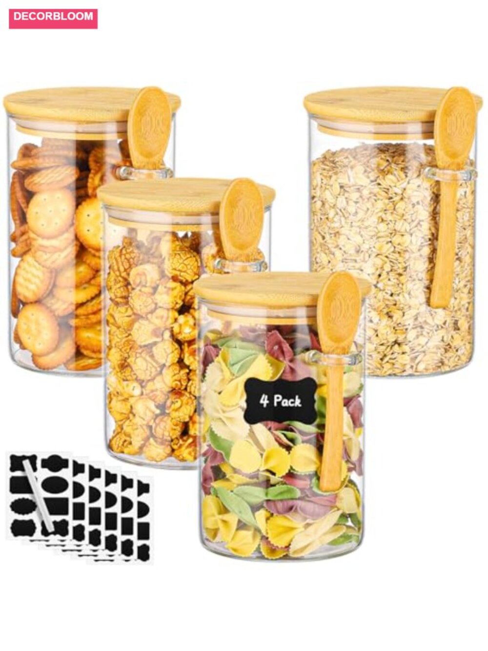4 Pack Glass Food Storage Jars with Bamboo Lids & Spoons